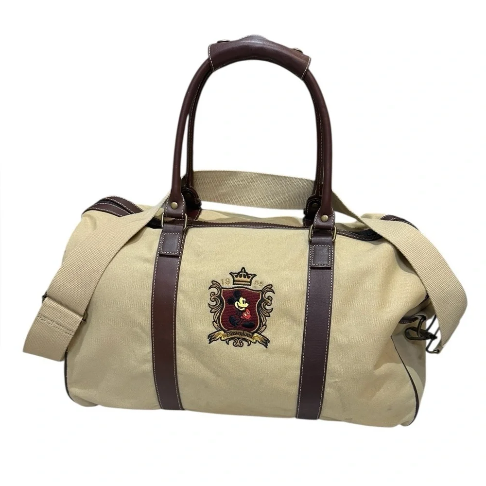 Vintage 1955 Disney Tan Canvas Duffel Bag with Leather Trim and shoulder strap